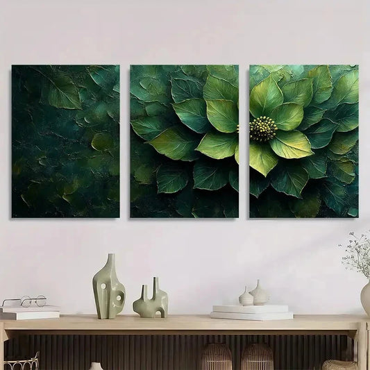 3pcs Abstract Green Leaves & Blooms Flower Metal Print Ready to Hang Art