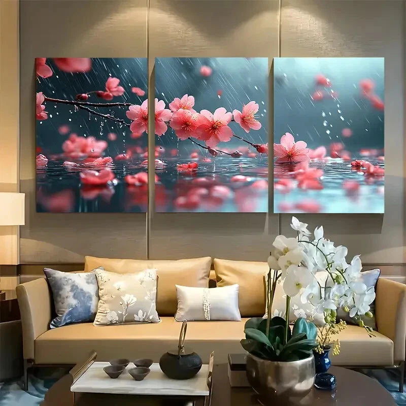 3pcs Serene Cherry Blossom Water Metal Print Ready to Hang Art