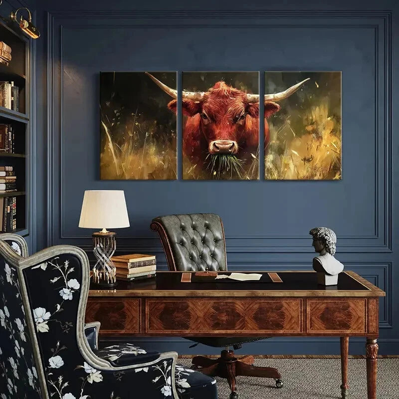 3pcs Cattle Bull Animal Landscape Golden Metal Print Ready to Hang Art