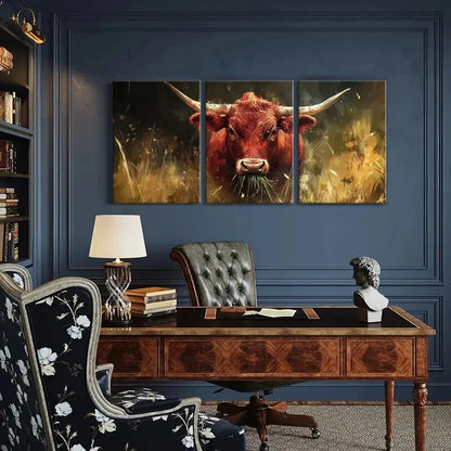 3pcs Cattle Bull Animal Landscape Golden Metal Print Ready to Hang Art