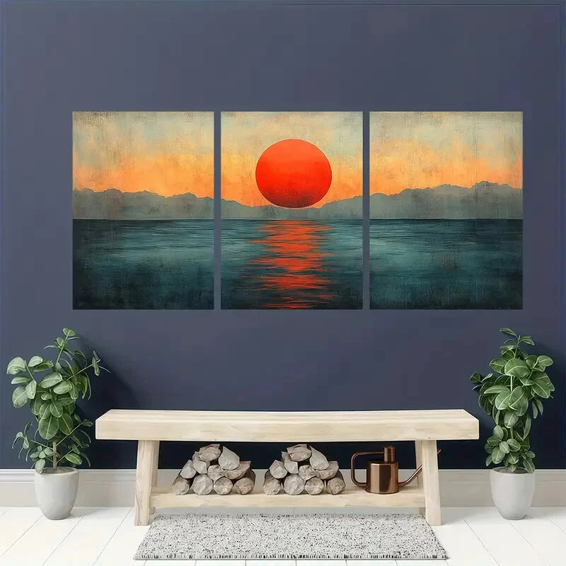 3pcs Abstract Sunset Art Mid-Century Metal Print Ready to Hang Art