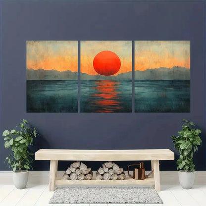 3pcs Abstract Sunset Art Mid-Century Metal Print Ready to Hang Art