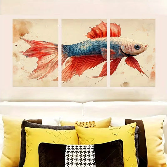 3pcs Aquarell white Betta Fish Painting Metal Print Ready to Hang Art