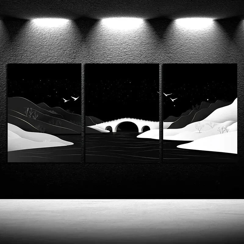 3pcs Black Bridge and Snow-Covered Landscape Metal Print Ready to Hang Art