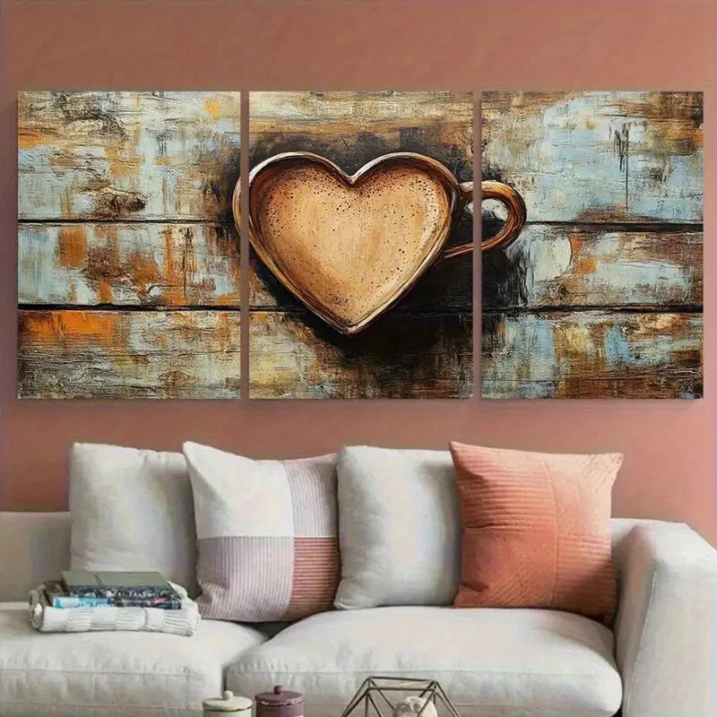 3pcs Heart Shaped Coffee Cup Illustration Metal Print Ready to Hang Art