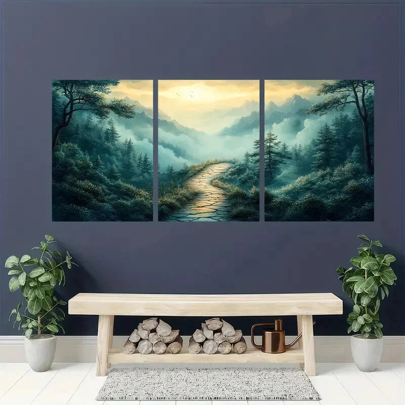 3pcs Serene Green Wilderness & Misty Mountains Metal Print Ready to Hang Art