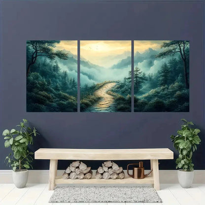 3pcs Serene Green Wilderness & Misty Mountains Metal Print Ready to Hang Art