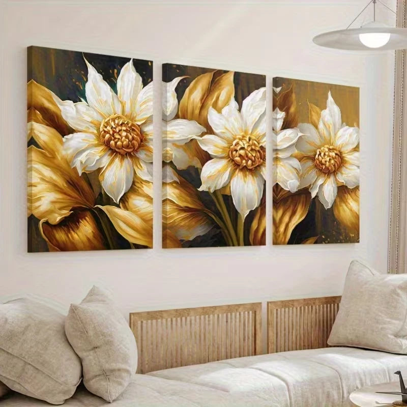 3pcs Elegant Abstract Golden Flower Wall Art Set Canvas Framed 60x90cm - High Quality Print 100% Australian Made Wall Canvas Ready to Hang