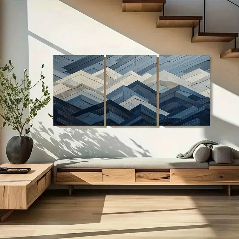 3pcs Modern Navy Blue Mountain Range Prints Metal Print Ready to Hang Art