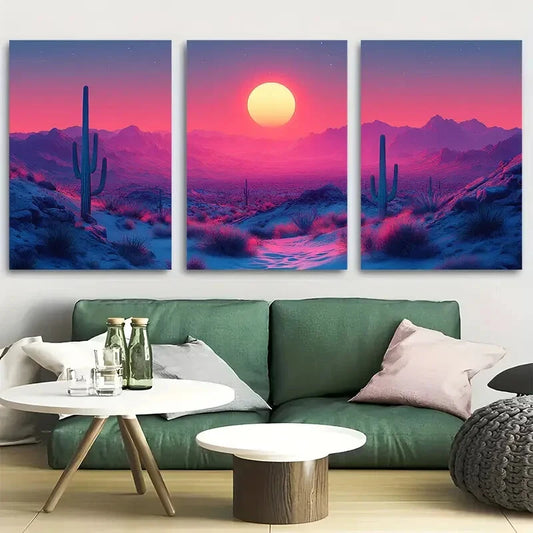 3pcs Vibrant Southwest Saguaro Cactus Succulent Metal Print Ready to Hang Art