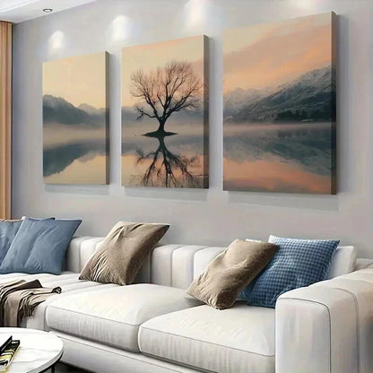 3pcs Reflection of Lone Tree in Misty Mountain Wall Art Set Canvas Framed 40x60cm - High Quality Print 100% Australian Made Wall Canvas Ready to Hang