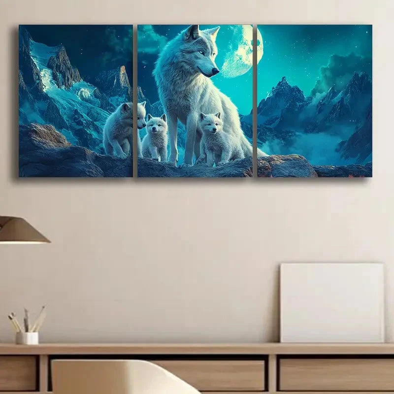 3pcs White Wolf Family Blue Animal Themed Print Ready to Hang Art