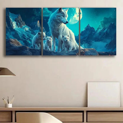 3pcs White Wolf Family Blue Animal Themed Print Ready to Hang Art