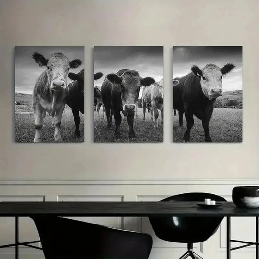 3pcs Black and White Cow Farmhouse Metal Print Ready to Hang Art