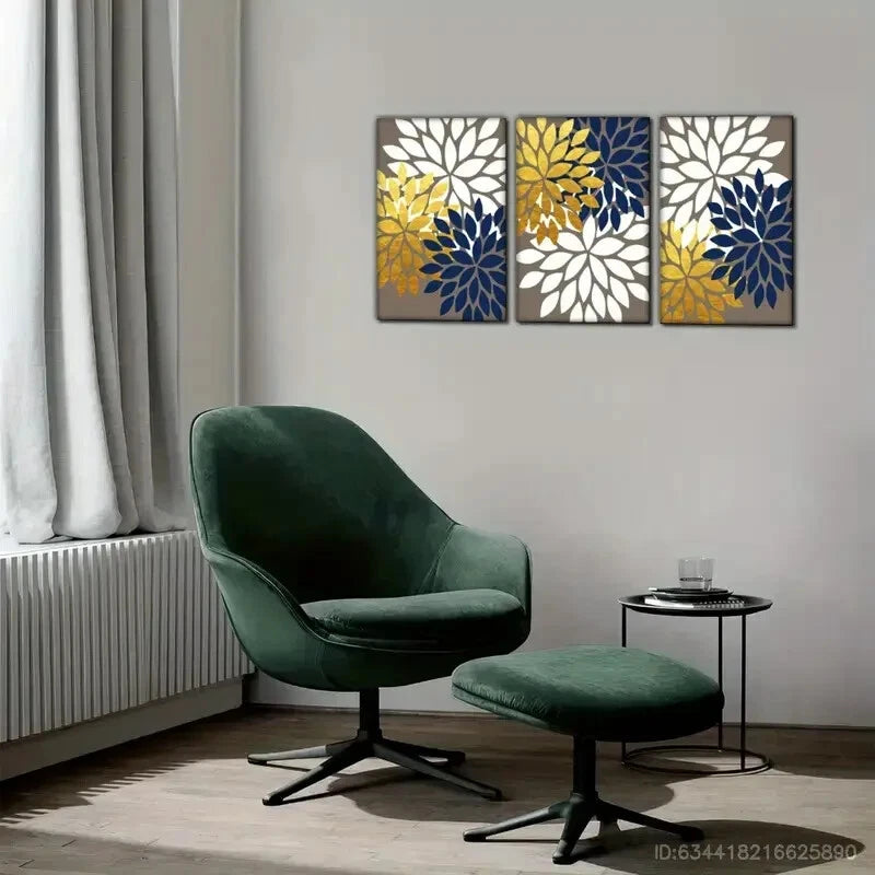 3pcs Navy Blue Faux Golden Art Minimalist Style Metal Print Ready to Hang Art