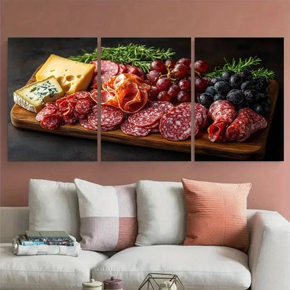 3pcs Italian Charcuterie Cheese and Meat Dining Metal Print Ready to Hang Art