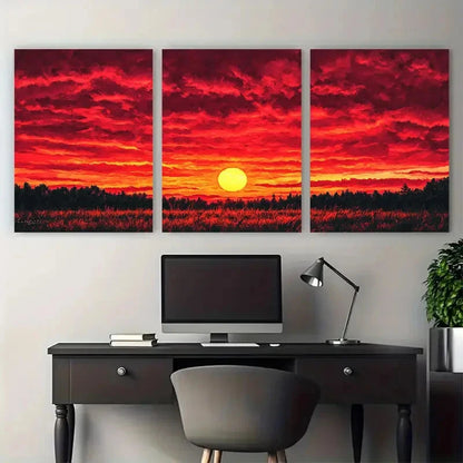 3pcs Modern Stunning Red Sunset Illustration Wall Art Set Canvas Framed 40x60cm - High Quality Print 100% Australian Made Wall Canvas Ready to Hang