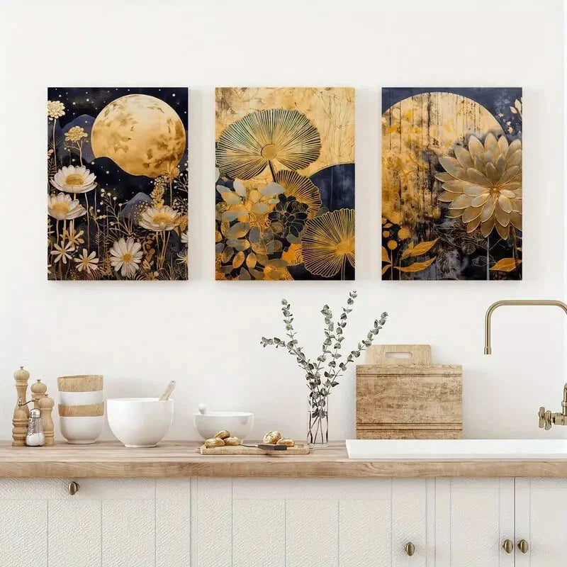 3pcs Modern Golden Moon and Flowers Theme Metal Print Ready to Hang Art