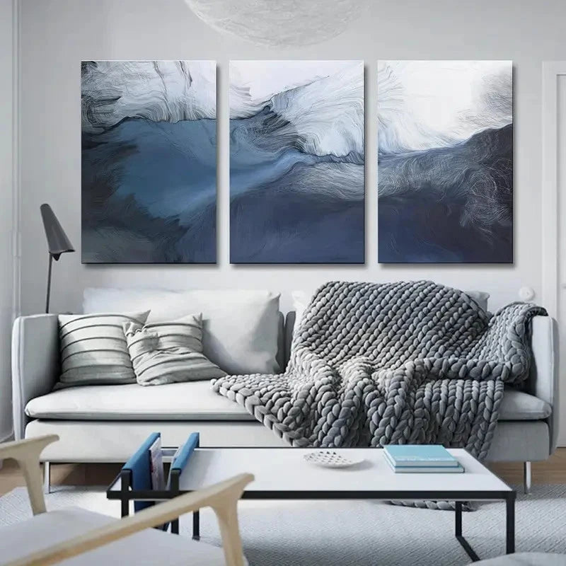 3pcs Abstract Art Navy Blue and Lines Graffiti Metal Print Ready to Hang Art