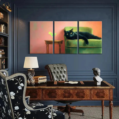 3pcs Modern Vibrant Black Cat & Green Chair Metal Print Ready to Hang Art