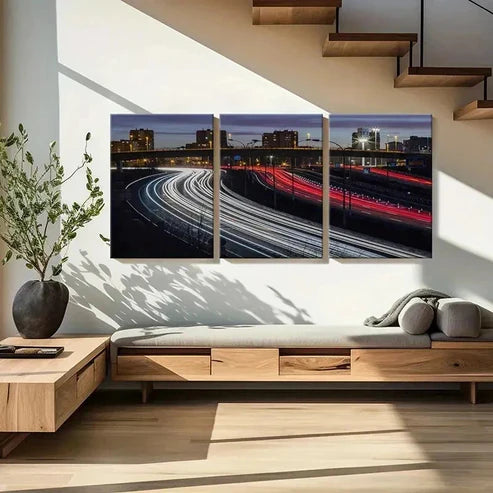 3pcs City Road Night Scene Traffic Flow Wall Art Canvas Unframed - High Quality Print 100% Australian Made Wall Canvas
