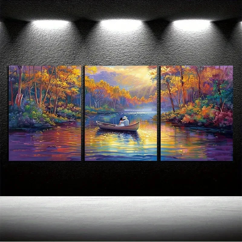 3pcs Charming Couple on a Boat in the Forest Metal Print Ready to Hang Art
