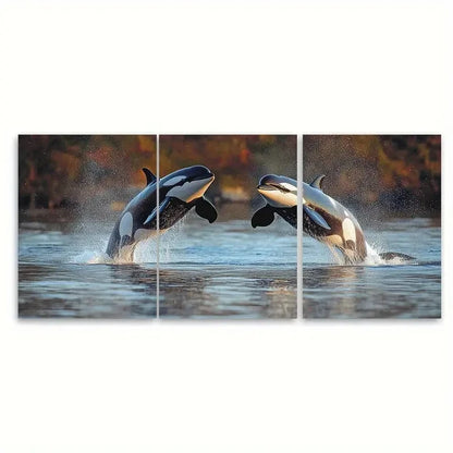 3pcs Orca Leaping Killer Whales in Ocean Sea Wall Art Set Canvas Framed 60x90cm - High Quality Print 100% Australian Made Wall Canvas Ready to Hang