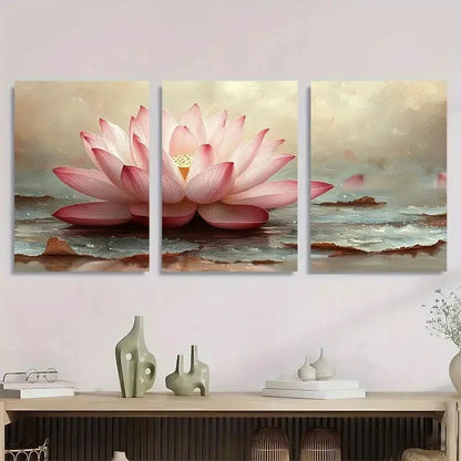 3pcs Elegant Pink for Lotus Flower Minimalist Metal Print Ready to Hang Art