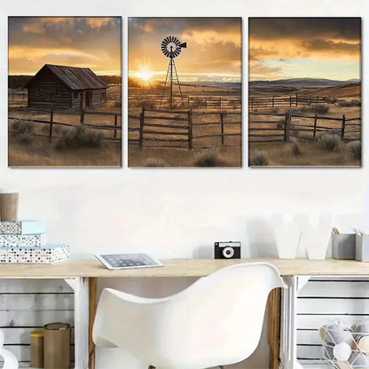 3pcs Rural Farm Sunset Wall Art Set Metal Print Ready to Hang Art