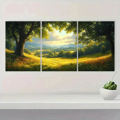 3pcs Pastoral Countryside Landscape with Trees Metal Print Ready to Hang Art