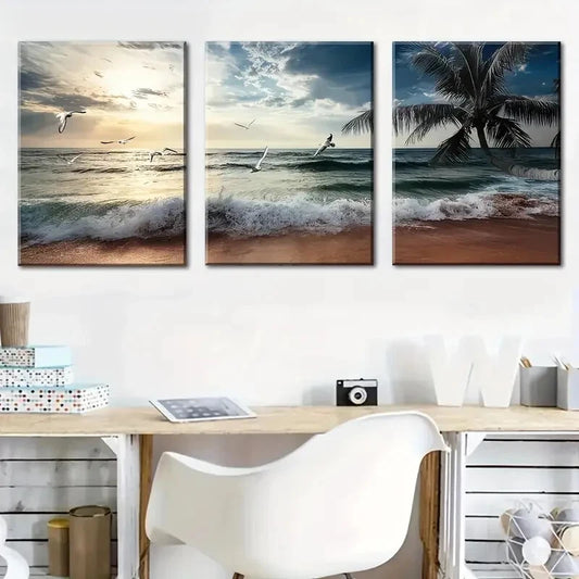 3pcs Beach Sunset Seagulls Décor Perfect Wall Art Set Canvas Framed 40x60cm - High Quality Print 100% Australian Made Wall Canvas Ready to Hang