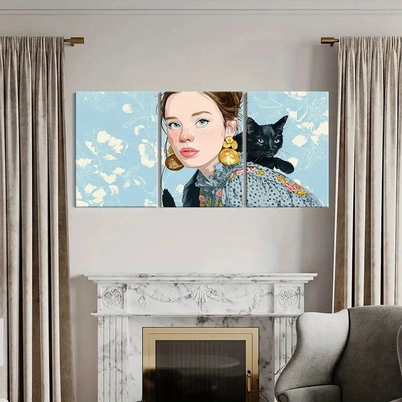 3pcs Woman Portrait Black Cat Floral Background Metal Print Ready to Hang Art