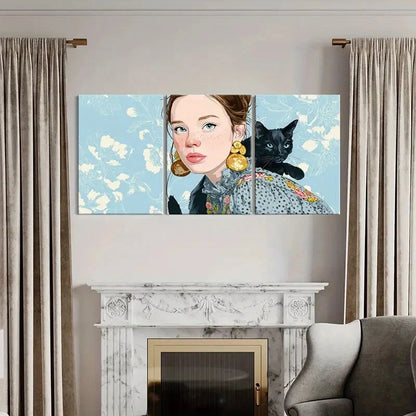 3pcs Woman Portrait Black Cat Floral Background Metal Print Ready to Hang Art