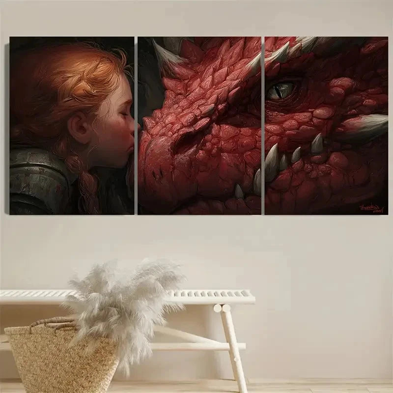 3pcs The Girl And Her Dragon Fantasy Gamer Art Wall Art Set Canvas Framed 40x60cm - High Quality Print 100% Australian Made Wall Canvas Ready to Hang