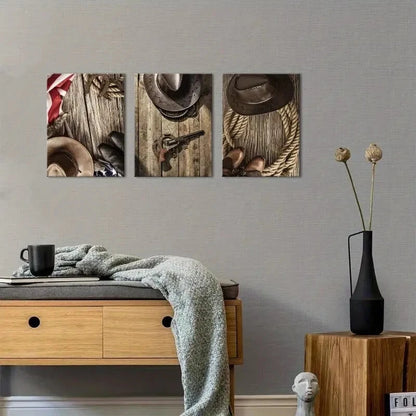 3pcs Rustic Western Cowboy Vintage Revolvers Hats Metal Print Ready to Hang Art