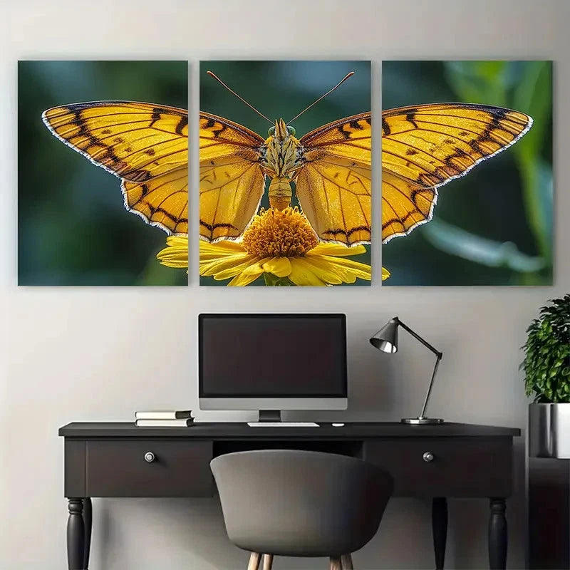 3pcs Vibrant Yellow Butterfly on Flower Nature Wall Art Set Canvas Framed 50x70cm - High Quality Print 100% Australian Made Wall Canvas Ready to Hang