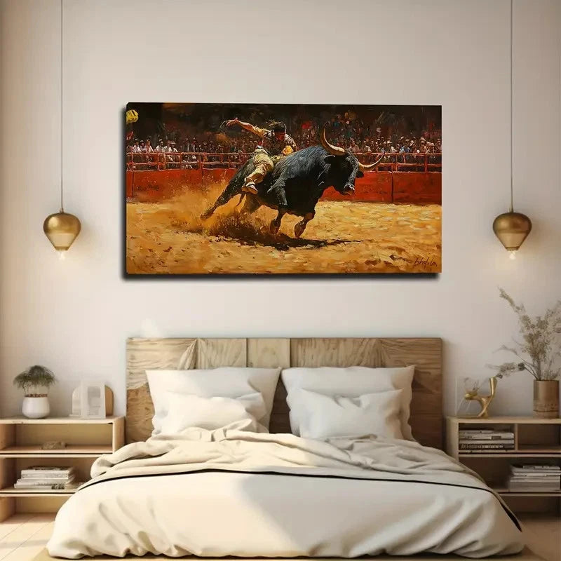Vibrant Spanish Matador Scene Wall Art Canvas Office Home Room Framed 120x60cm