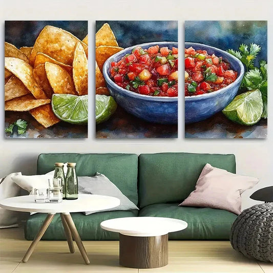 3pcs Chips and Salsa Mexican food Watercolor Metal Print Ready to Hang Art