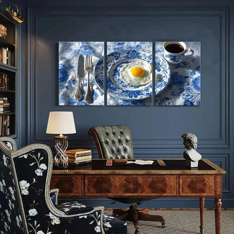 3pcs Breakfast Scene with Blue & White Porcelain Metal Print Ready to Hang Art
