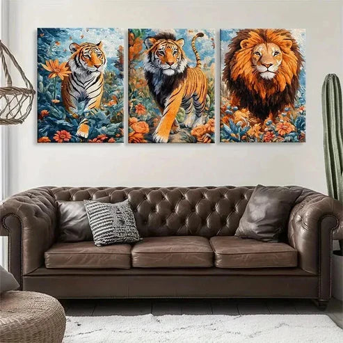 3pcs Majestic Tiger and Lion Floral Jungle Hues Wall Art Canvas Unframed - High Quality Print 100% Australian Made Wall Canvas