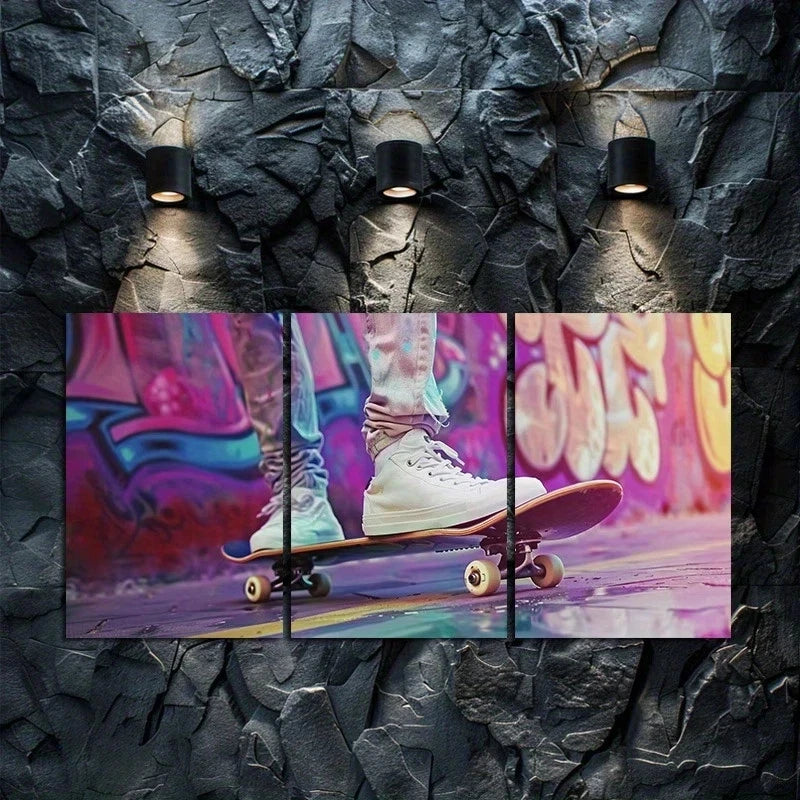 3pcs Skateboarding & Graffiti Motif Sports Theme Metal Print Ready to Hang Art