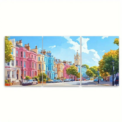 3pcs Colorful London Street Scene with Townhouse Metal Print Ready to Hang Art