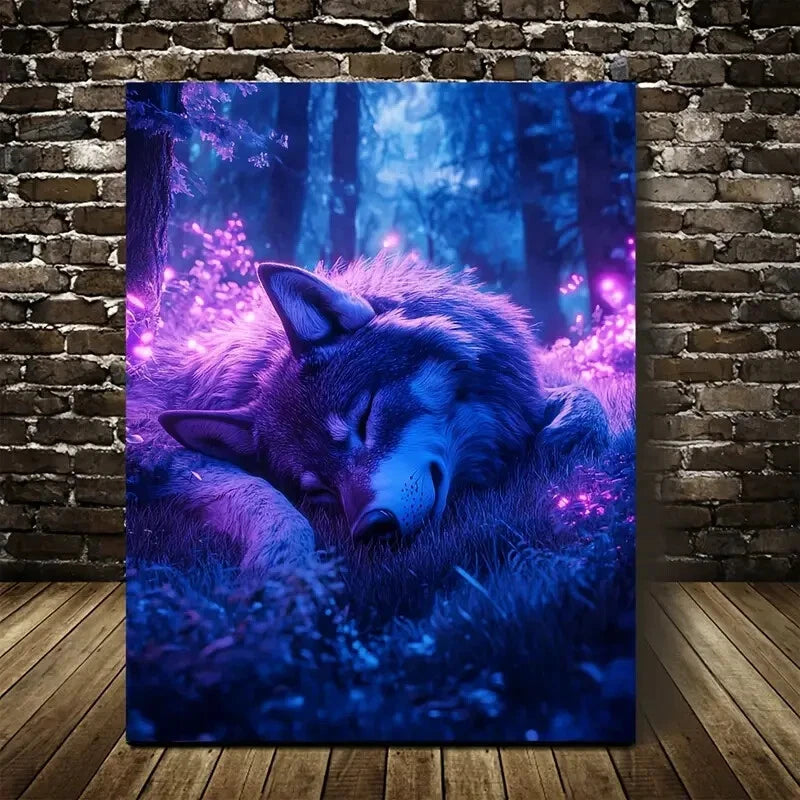 Enchanting Wolf In Magical Forest Painting 40x60cm Metal Print Ready to Hang
