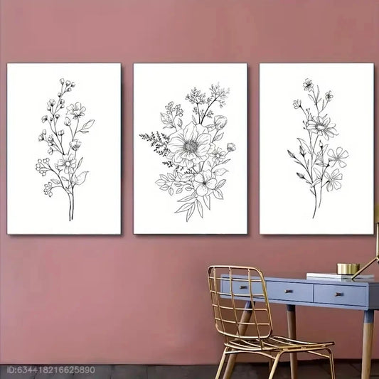 3pcs Black and White Wildflower Bouquet Metal Print Ready to Hang Art