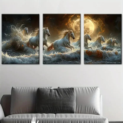 3pcs White Horses Galloping in the Ocean Metal Print Ready to Hang Art