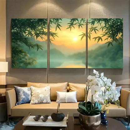 3pcs Elegant Bamboo Feng Shui Inspired Metal Print Ready to Hang Art