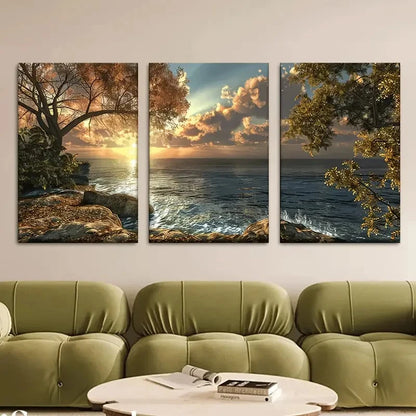 3pcs Sunset Beach Island Painting Metal Print Ready to Hang Art