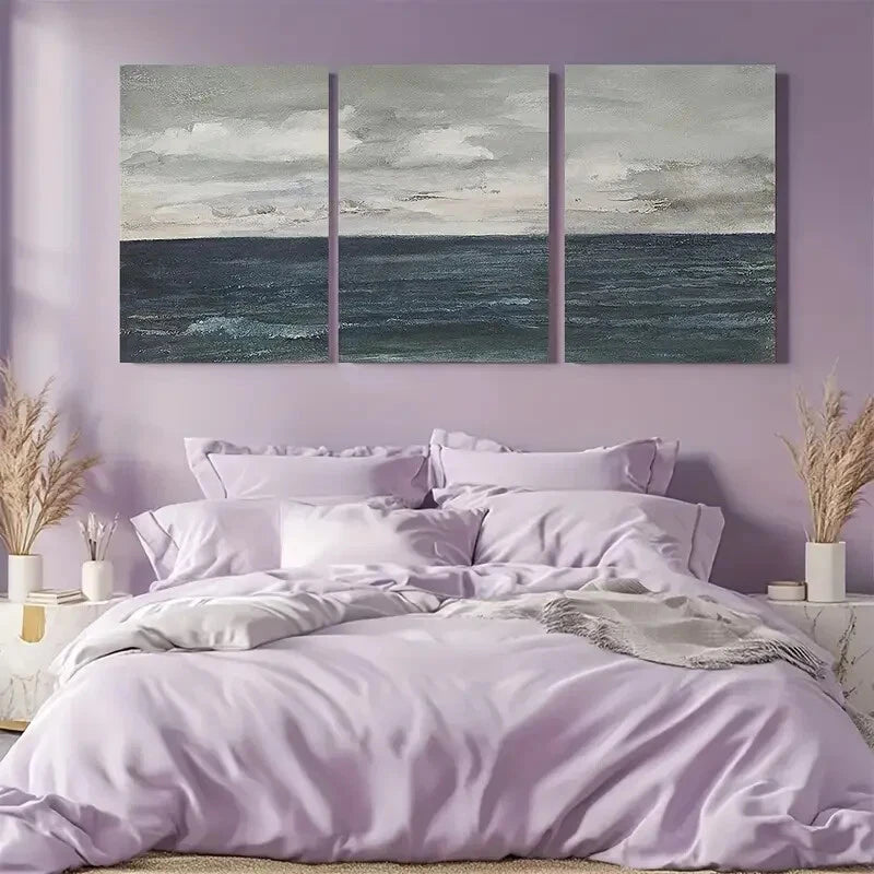 3pcs Cloudy Sky Beach Ocean Landscape Minimalist Metal Print Ready to Hang Art