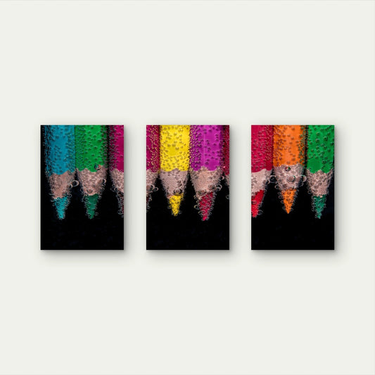 3pcs Vibrant Colour Pencils With Water Bubbles Wall Art Set Canvas Framed 50x70cm - High Quality Print 100% Australian Made Wall Canvas Ready to Hang