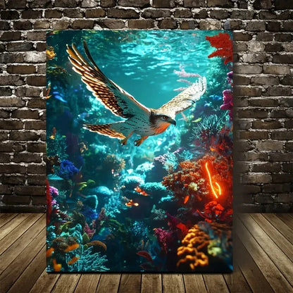 Hawk Underwater Scene with Coral Reef & Neon Painting 40x60cm Metal Print Ready to Hang